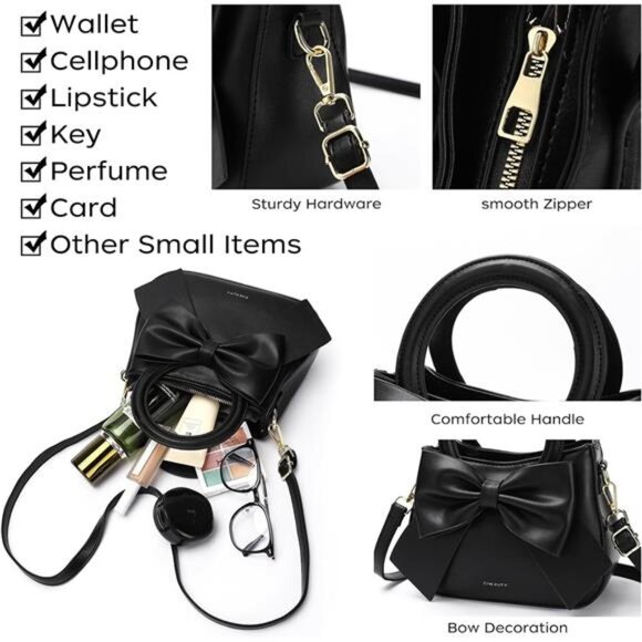 Small Crossbody Bag for Women Vegan Leather Handbag with Top Handle Cute Bow - Picture 4 of 7